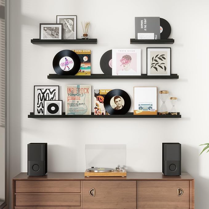 FLYJOE Picture Ledge Wall Shelves 48 inches Width Set of 3, Solid Pine Wood Rustic Floating Ledge Shelves for Wall for Kids' Room Bedroom Kitchen Bathroom Long Floating Shelves for Wall Decor, Black