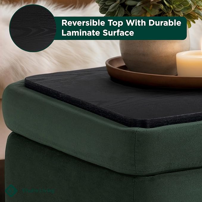Studio Living Connor 24” Small Storage Ottoman with Reversible Tray Lid, Velvet Upholstered Footrest & Accent Bench, Hidden Storage, Metal Legs, Modern Boho Design, Green