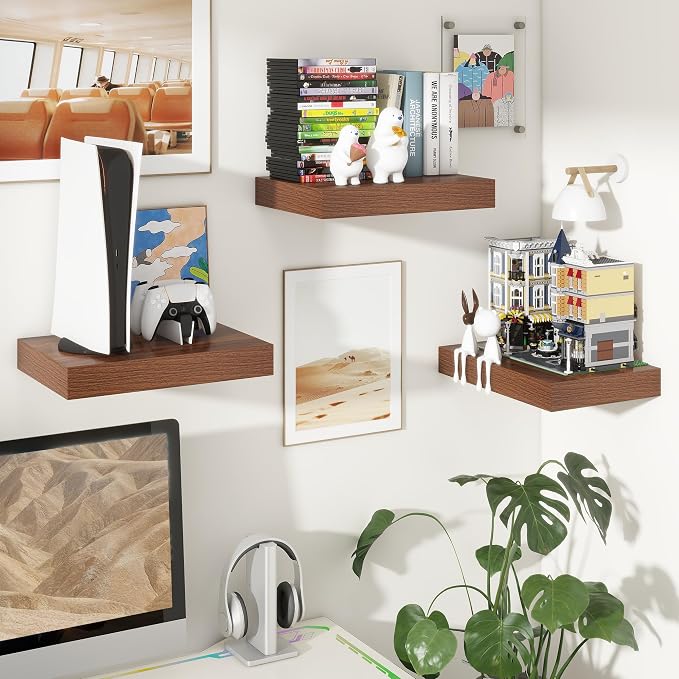 FLYJOE 12 Inch Deep Floating Shelves 16'' Walnut Floating Shelves Set of 2 | 12'' Deep Shelves for Wall, 16'' x 12'' Rustic Wood Shelves for Living Room Bathroom Kitchen Bedroom