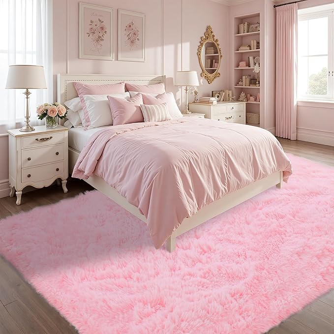 Fluffy Pink Area Rug for Bedroom Living Room Soft 8x10 Fuzzy Washable Rugs Non-Shedding Indoor Plush Rug for Nursery Kids Room Dorm Room Home Decor, High Pile Shaggy Floor Carpets(Pink 8'x10')