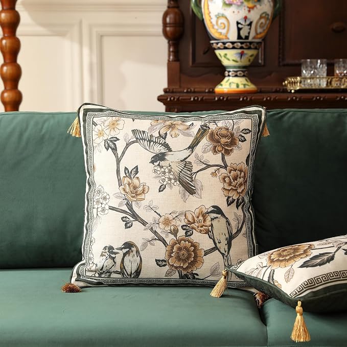 ISAENNE Vintage Linen Square Throw Pillow Cover,Set of 2,18"x18"-Murad A | Designer French Decor Pillow Cover,Concealed Zipper Design,Floral and Bird Pattern,Sofa,Bedroom,Living Room,Lounge Chairs