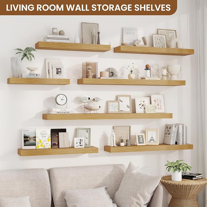 fuqing Floating Shelves for Wall, Wall Mounted Wood Floating Shelf with Invisible Brackets for Living Room, Bathroom, Bedroom, Kitchen Storage and Decor, 24 Inch Set of 2, Oak