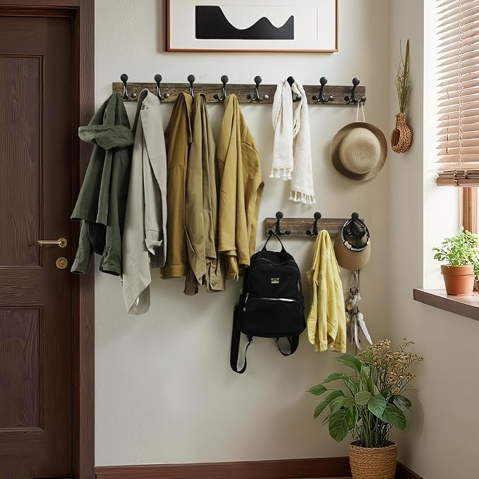 WEBI Coat Rack Wall Mount,30" Solid Wood Coat Hooks Wall Mounted Coat Hanger,16" Hole to Hole,Heavy Duty Hook Rack Rail,5 Triple Hooks for Hanging Coats,Jacket,Clothes,Hat,Weathered Brown,2 Packs