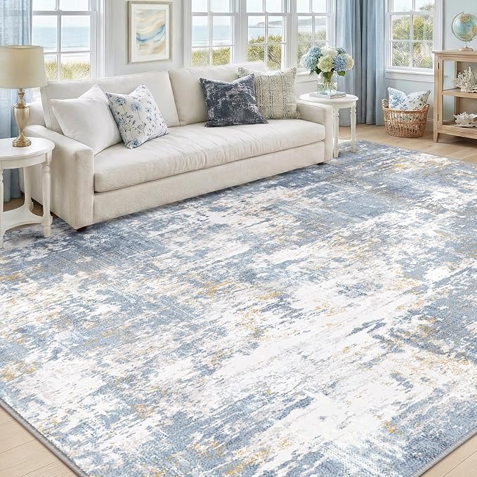 RELEANY Washable Area Rugs 9'x12' Non-Slip Modern Abstract Soft for Living Room Entryway Bedroom Nursery, Print Pattern, Light Blue