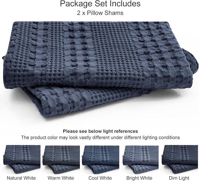 PHF 100% Cotton Waffle Pillow Shams Queen Size, 2 Pack 20" x 30" Soft Skin-Friendly Pillowcases, No Filling, Aesthetic Woven and Breathable Waffle Weave Pillow Case Covers for Bed, Indigo