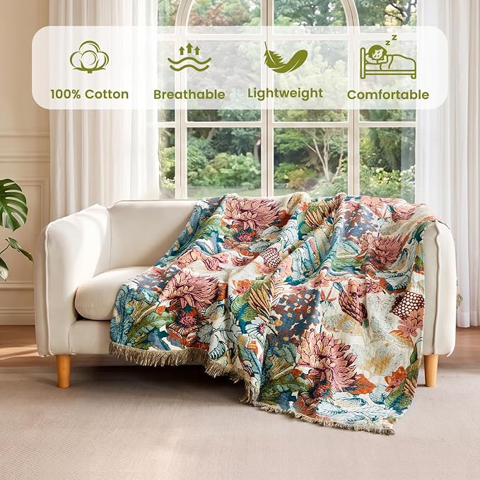 MSGKV Boho Throw Blanket for Bed Couch 100% Cotton Blanket 60"x80" Summer Breathable Farmhouse Lightweight Muslin Blankets Home Decor