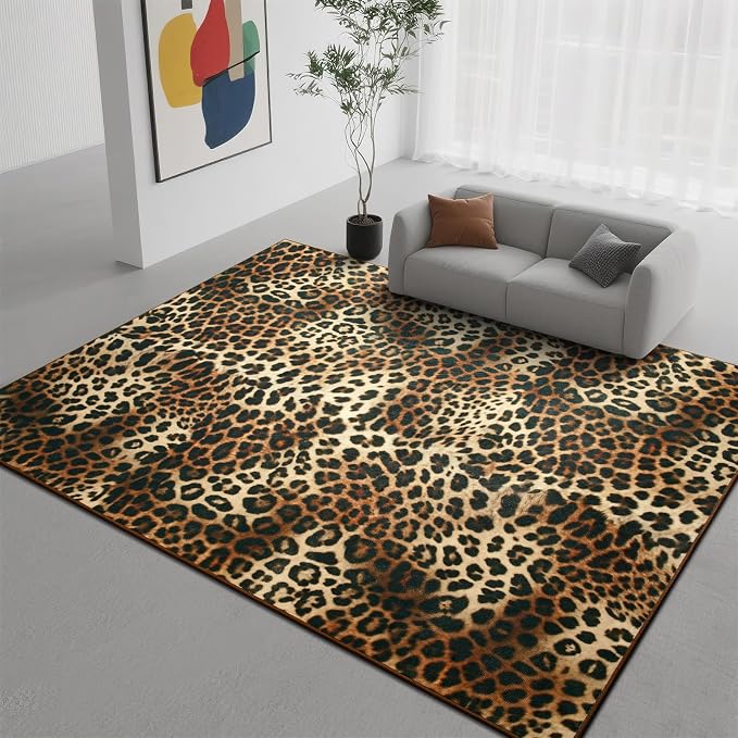 DweIke Leopard Rugs for Living Room, 8x10 Cheetah Print Rug for Bedroom Decor, Washable Non-Slip Stain Resistant Faux Animal Throw Carpet for Dining Room Office Western Home, Dark Brown