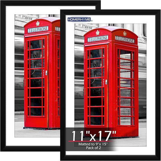 11x17 Picture Frame, Vertical or Horizontal Wall Hanging Frame for Photos, Posters & Art Prints, Display Pictures 9x15 with Mat or 11 x 17 Without, Black Frame with Clear Plexiglass, 2 Pack