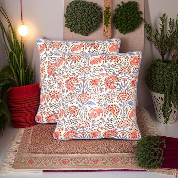 Ridhi Block Print Flamingo Pink Pillow Cover 20" x 20" (Pack of 2) Decorative Couch Pillows for Living Room, Chic Boho Cute Outdoor Pillows Covers Gifts for Spring, Easter and Valentine
