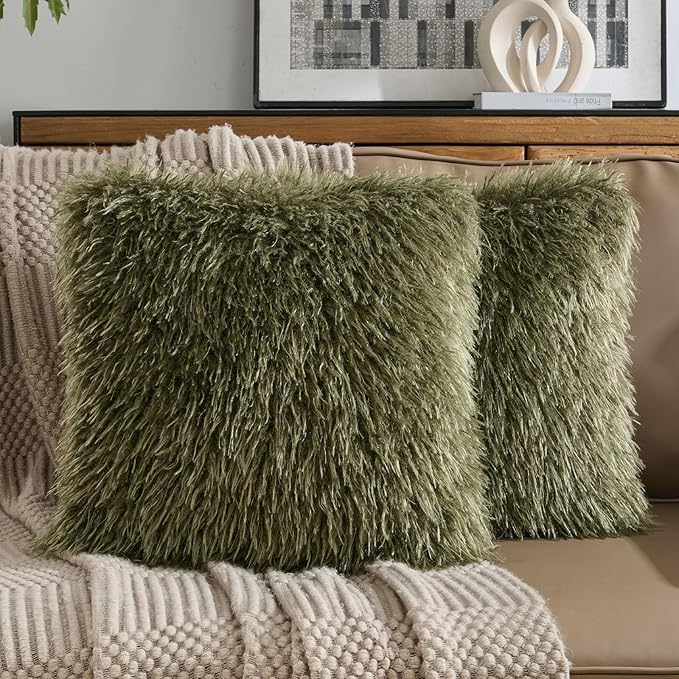 FUTEI Pack of 2 Shaggy Mongolian Faux Wool Throw Pillow Covers 18x18 Inch Soft Decorative Cushion Case for Couch Bed Living Room, Olive Green