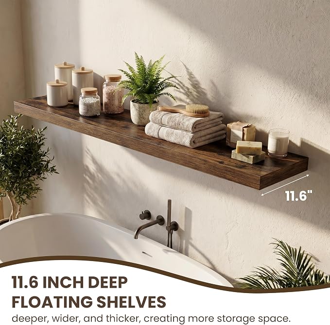 Acovy 36 Inch Floating Shelves for Wall Set of 2,12" Deep Floating Shelf Wall Mounted with Invisible Brackets,Rustic Bookshelf Wooden Storage Shelf for Living Room,Kitchen,Bathroom,Rustic Brown
