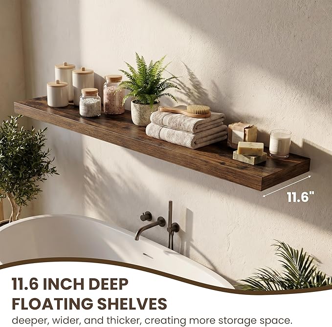 Acovy 24 Inch Floating Shelves for Wall,12" Deep Floating Shelf Set of 2 with Invisible Brackets,Rustic Farmhouse Wall Mounted Shelf for Kitchen,Bathroom,Living Room,Bed Room,Rustic Brown