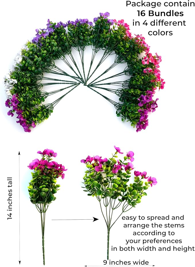 AXYLEX Artificial Flowers Outdoor Shrubs - 16 Bundles Fake Plants UV Resistant No Fade Faux Plastic Greenery Home Garden Porch Patio Decoration (1, Multi 16-4)