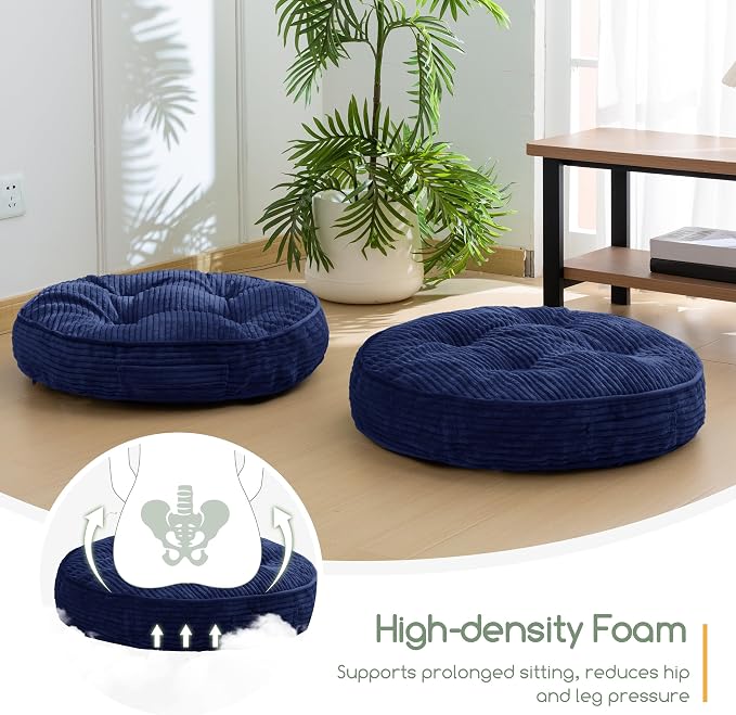 HIGOGOGO Floor Pillow Cushion for Adults, Meditation Cushion Pillow, Large Round Floor Sitting, Tufted Corduroy Cover, for Tatami Living Room or Yoga, 22x22 Inch, Navy