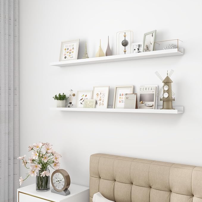 Acovy Picture Ledge Shelf, Wood Floating, Set of 2, 48 inch, White | Wall Mounted, For Living Room Kids' Room Bedroom, Photo Ledge Nursery Book Shelves