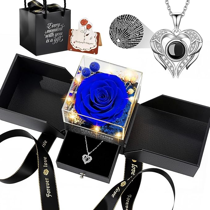 TranquilBliss Gifts for Mom, Preserved Real Blue Rose Gift Box with Heart Necklace,“I Love You” in 100 Languages, I Love You Eternal Flowers Rose Gift Set for Mother's Day, Anniversary