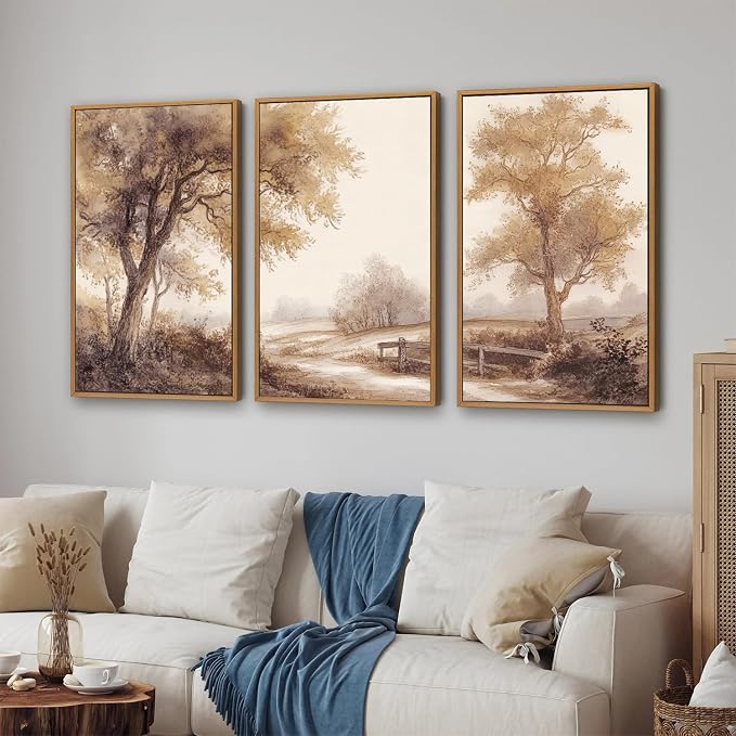 Rantodecor Vintage Landscape Framed Canvas Wall Art Triptych, Rustic Tree Sketch Wall Decor, Large Claming Nature Forest Art Paintings, Modern Relax Farmhouse Artwork for Bedroom Living Room 24"x36"x3