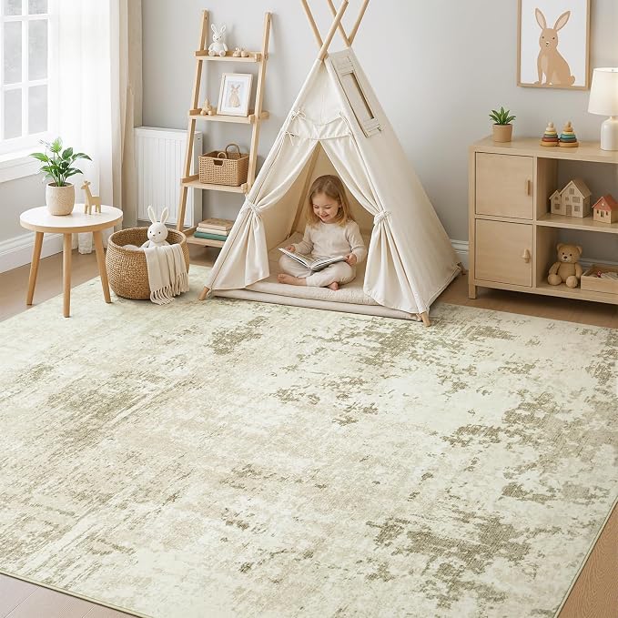 Rugflix 5x7 Area Rugs for Living Room, Washable Large Rug Stain-Resistant Low Pile, Modern Neutral Carpet for Dining Room Home Office Kid Room Nursery Bedroom, Beige