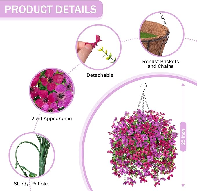 INXUGAO Artificial Hanging Flowers Plants with Basket for Outdoors, Realistic Faux Silk Daisy Flower Eucalyptus for Spring Decor, UV Resistant Fake Plants for Porch Patio Yard Balcony, Purple Violet