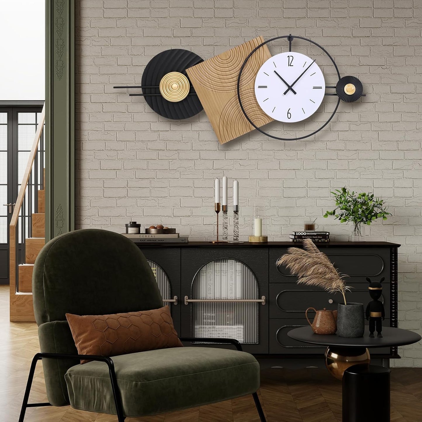 37.7X21Inch Large Modern Wall Clock Geometric Dial-Solid Wood Metal Frame Silent Non Ticking Wall Clocks for Living Room, Bedroom Decoration, Contemporary Home Wall Decor Gift Idea