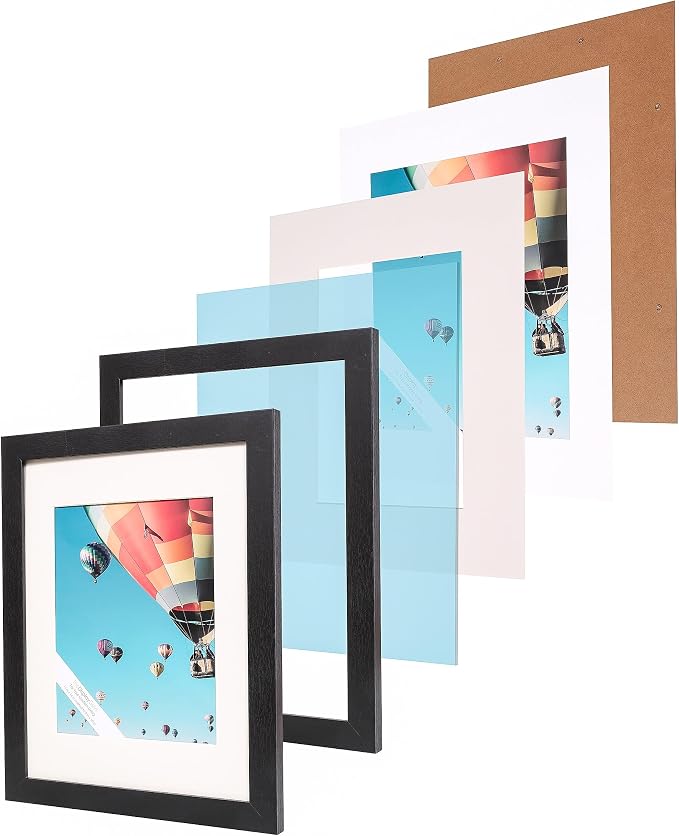 The Display Guys - Black Wooden Minimalist Picture Frames Set - Tempered Glass - 11x14 matted to 8x10 - Wall Hanging - 4-Pack