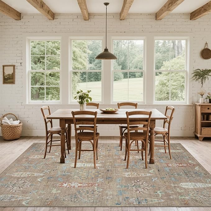 Srugn Washable Rugs 8x10 Area Rugs for Living Room,Bedroom,Dining Room-Large Ultra Soft Faux Wool Retro Carpet,Non Slip&Non-Shedding Low Pile Vintage Print Rug for Home Office Dorm Playroom-Terracotta