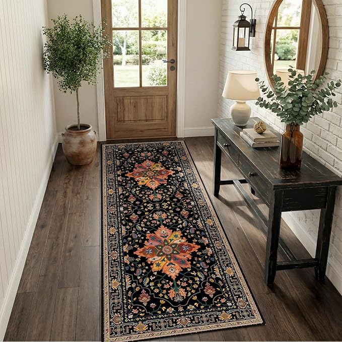 RELEANY Area Rugs 2'6''x5' Runner Rug Non Slip Washable for Kitchen Hallway Bedroom Beside Laundry Room Bathroom Rug, Floor Carpet, Black Colorful Floral Dark Tan