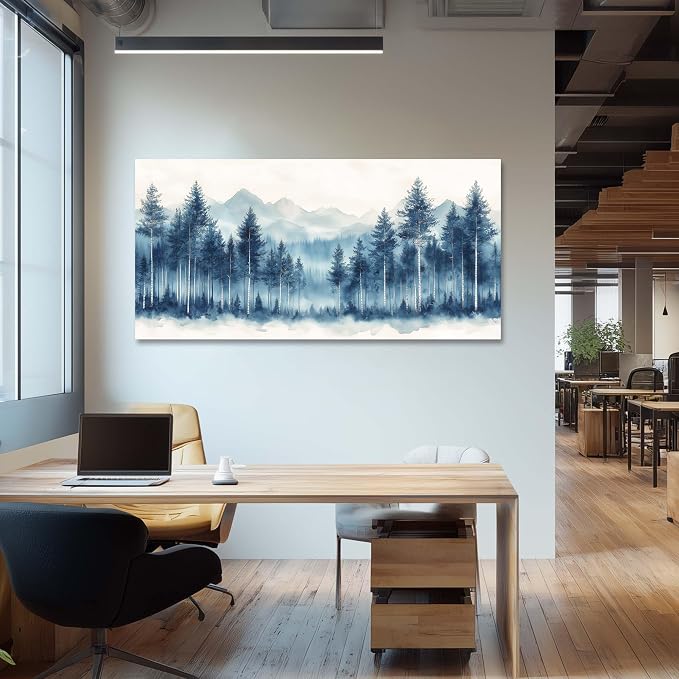 Ggaafet Watercolor Blue Forest Wall Art for Living Room Canvas Painting Prints Beautiful Mountain Woods Landscape Art Deco Nature Artwork Office Bedroom Family Dining Room Decor Large
