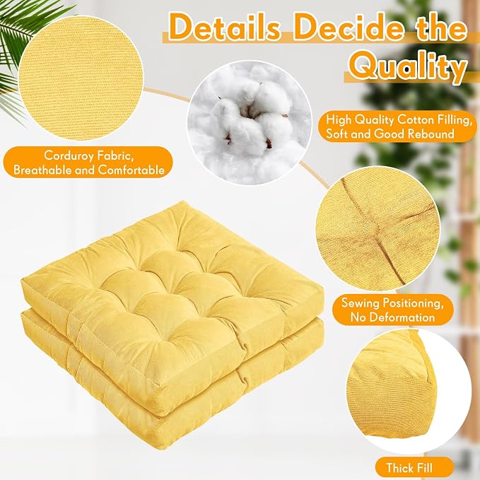 Jerify 4 Pcs Floor Pillow Cushions Large Round Square Large Meditation Floor Pillow for Classroom Adult Meditation Picnic Party Seating Learning Daycare School (Square,Yellow)