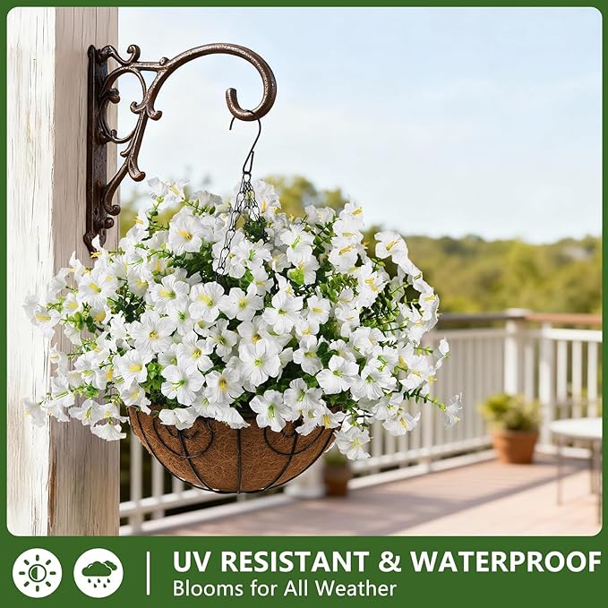 INQCMY Artificial Fake Petunias Flowers for Outdoors Spring Summer Decoration, 12 Bundles Faux Flower Plants UV Resistant White Realistic Silk Flower for Outside Planters Patio Porch Yard Window Box