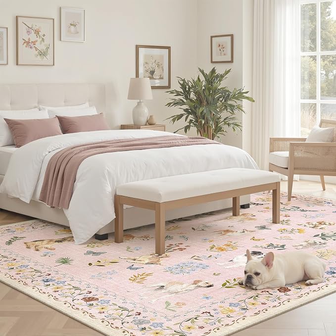 Soalmost Dog 5x7 Area Rugs for Living Room, Machine Washable Animal Floral Vintage Rug Non-Slip Low Pile Soft Throw Rugs for Kitchen Dining Room Bedroom Nursery Playroom (5 x 7,Pink)