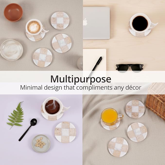 Marble Coasters Set of 4, Travertine & White Handmade 4 inch Round Checkered Stone Coaster, Drink Coaster Plates for Living Room, Trendy Office Desk Accessories & Home Décor