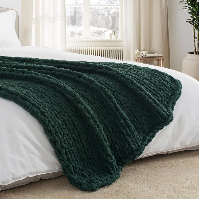 Chunky Knit Throw Blanket 50x60, 100% Handmade Chenille Yarn | 4.4lbs Soft Thick Cable Knitted Blankets, Large Rope Knot Crochet Throws for Couch Sofa Bed Christmas Fall Decor, Dark Green