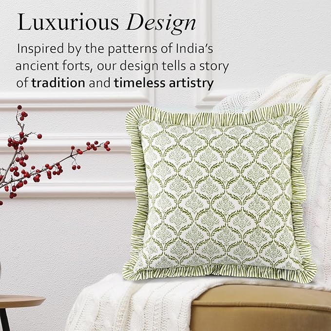 CPC Fern Regal Hand Block Print 100% Cotton Ruffle Throw Pillow Cover 18x18 inch with Hidden Zipper Decorative for Couch, Bed, Sofa, Farmhouse, Cottagecore Decor Gift Christmas Fall Thanksgiving