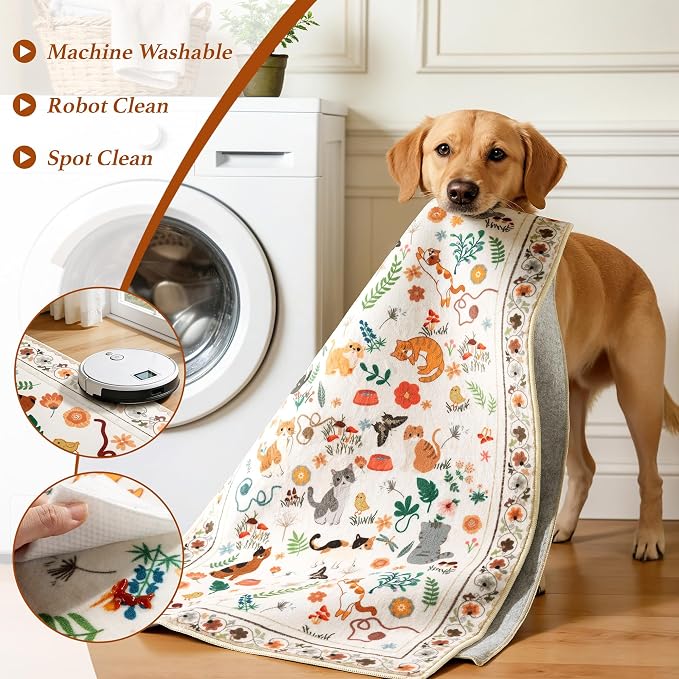 LIANLAM 2.7x8 Cat Themed Runner Rug for Hallway & Kitchen, Washable Non-Slip Long Carpet with Playful Feline Prints, Pet Friendly & Easy Clean Low Pile Floor Mat(2.7x8,Beige)