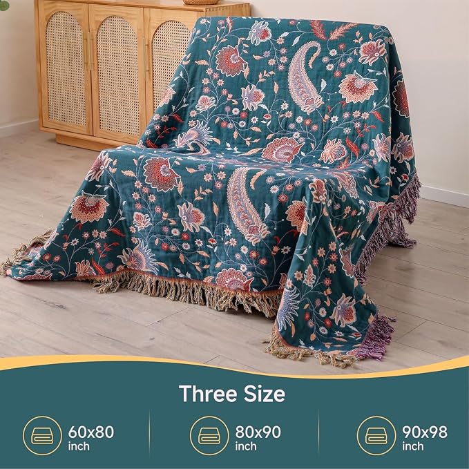 STASOPTK100% Cotton Boho Throw Blanket Soft Lightweight Twin Blanket 60"x80", Floral Reversible All-Season Bed Blanket, Breathable Summer Blanket for Couch Chair, White
