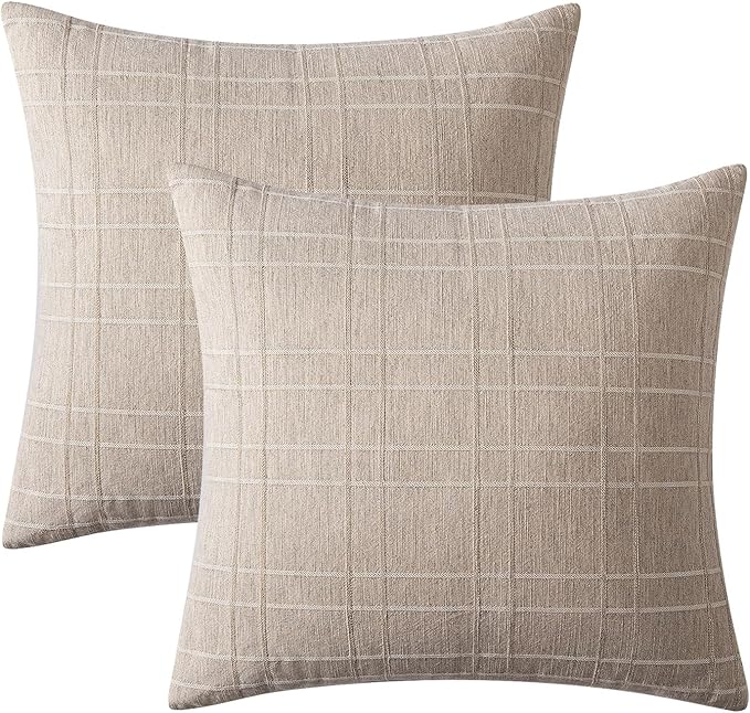 MIULEE Decorative Linen Check Euro Shams Throw Pillow Covers Neutral Farmhouse Vintage Pillow Covers 22x22 Set of 2 Boho Modern Home Decor for Sofa Couch Bedroom Cushion Natural Linen