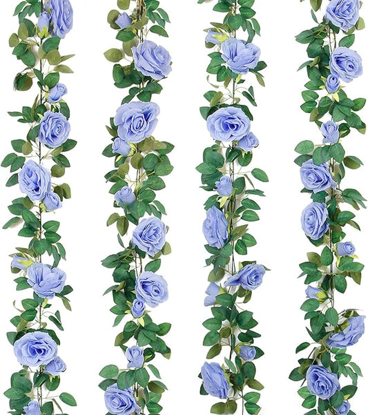 TELDRASSIL 4Pcs(26 FT) Artificial Rose Vine Fake Flower Garland Fake Silk Rose Hanging Vine for Wedding Party Background Arch Garden Background Decoration (Blue)