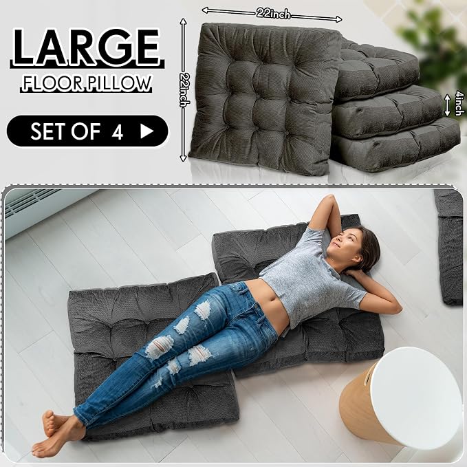Jerify 4 Pcs Floor Pillow Cushions Large Round Square Large Meditation Floor Pillow for Classroom Adult Meditation Picnic Party Seating Learning Daycare School (Square,Dark Grey)