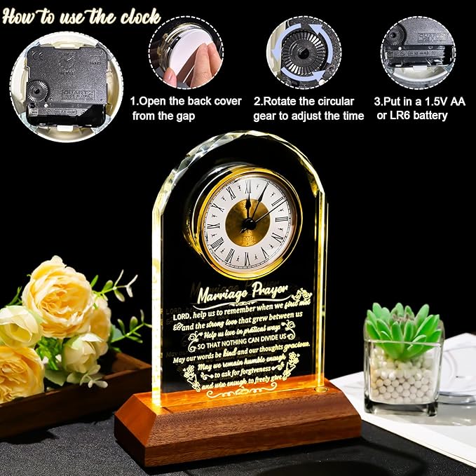 Glass Clock Wedding Gifts for Couples 2026 with Wooden Light Base, Happy Anniversary Marriage Prayer Gift with Inspiring Quotes, Unique Newlywed Mr and Mrs Gifts, Engagement Presents for Home