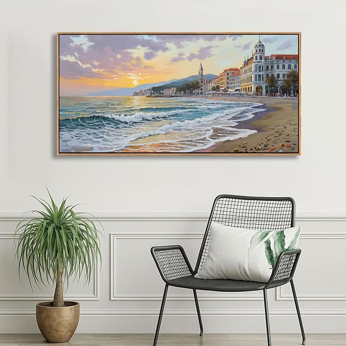 YDYSUNE Framed Retro Sunset Beach Coastal Canvas Wall Art, Ocean Seaside Wall Decor for Living Room Bedroom Office Dining Room Home Decoration, 24"×48"