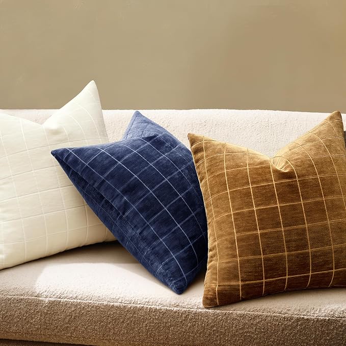 MIULEE Decorative Chenille Check Throw Pillow Covers Vintage Plaid Couch Pillows 20x20 Inch Set of 2 Neutral Boho Farmhouse Cushion Covers Modern Home Coastal Decor for Sofa Bed Living Room Navy Blue