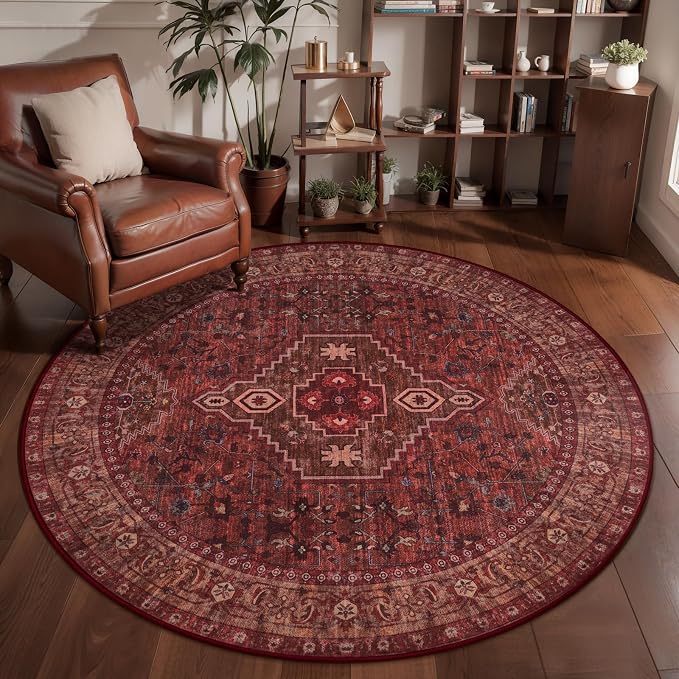 Tangsoo Red Round Rugs 5ft, Washable Circle Rug, Non Slip Boho Round Area Rug, Vintage Low Pile Circular Rugs, 5x5 Round Carpet for Bedroom Living Room Nursery Dorm Office