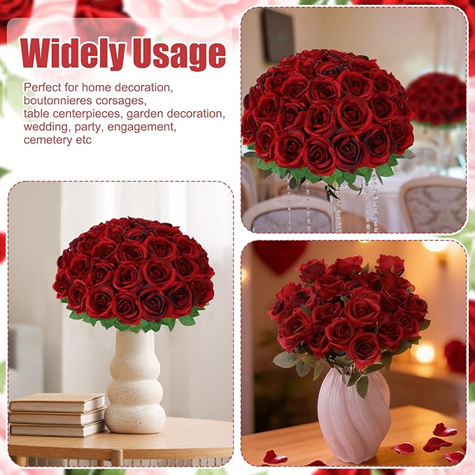 36 Pcs Burgundy Artificial Roses with Long Stems, Fake Silk Rose Artificial Flowers Bulk for Bridal Wedding Bouquet Centerpiece Ball Arrangement Party Decor