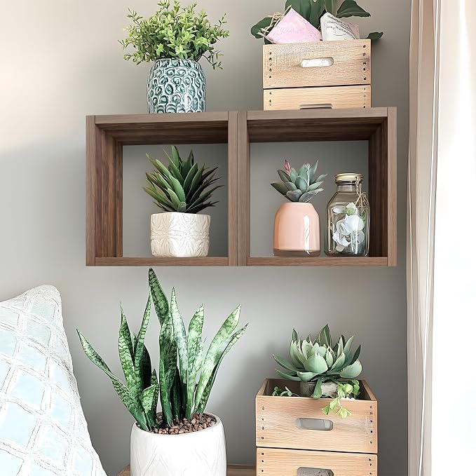 Kaboon Cube Floating Shelves Set2, Display Shelves Wall Mount 7.75" D x 12.5" W x 12.5" H, (Walnut, Square 2 Cubes)