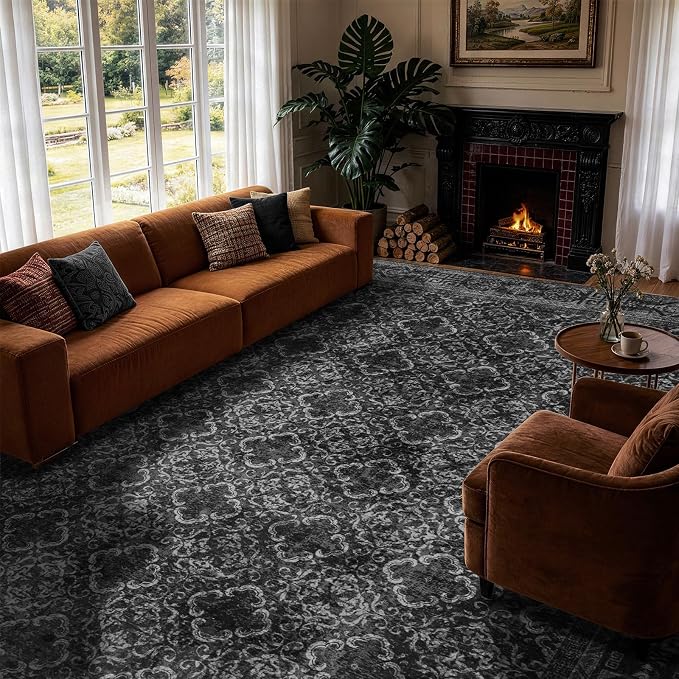 LIANLAM 8x10 Washable Area Rug, Vintage Boho Traditional Pattern, Non-Slip Stain Resistant Rug for Living Room Bedroom(8x10,Black/Boho)