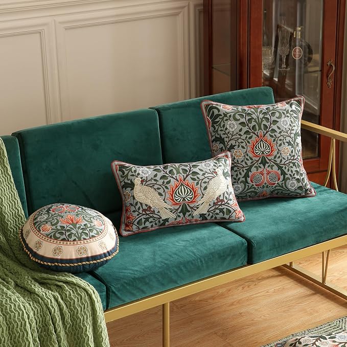ISAENNE Vintage Linen Throw Pillow Cover,Set of 2,Diameter 16"-Naples B | Designer Elegant Round Pillow Cover,Concealed Zipper Design,Floral Pattern,Sofa,Bedroom,Living Room,Lounge Chairs