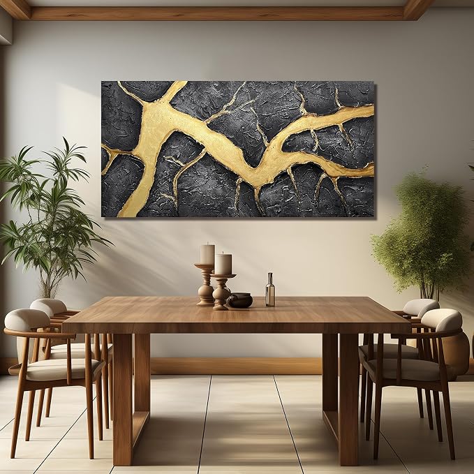 DNIEOTU Hand Painted Abstract Wall Art for Living Room, Black and Gold Canvas Wall-Decor for Bedroom, 3D Textured Paintings for Hallway Office, Large Size 59 x 29 Inches