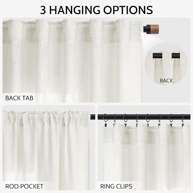 Nanspring Neutral Linen Curtains 102 Inches Long for Living Room Linen Blend Light Filtering Sheer Curtain Back Tab and Rod Pocket Coastal Modern Farmhouse Decor Drapes for Bedroom 52x102, 2 Panels