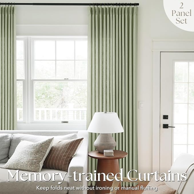 Pinch Pleated Sage Green Curtains 102 inch Long for Living Room 2 Panel Set Light Fitering Semi Sheer Light Green Linen Curtain with Pleat Hooks Rustic Farmhouse Sage Drapes Length 40"x102"